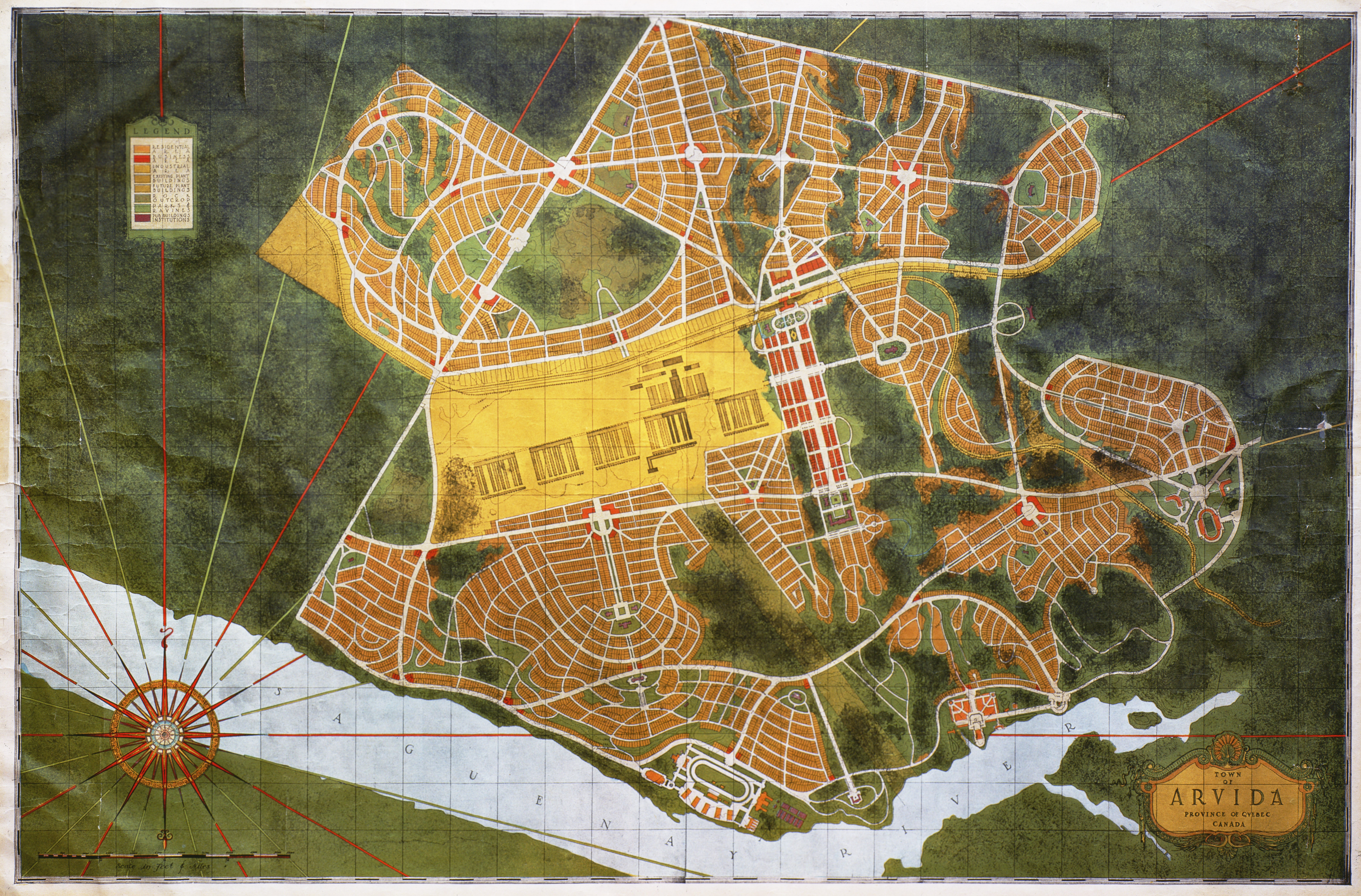 Plan d’ensemble pour Arvida, lithographie par Hjalmar Ejnar Skougor et Harry Beardslee Brainerd, 1926. Ville de Saguenay.