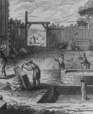 Gravure de Diderot montrant le travail de la pierre et la fabrication du mortier de chaux vive dans un bassin.