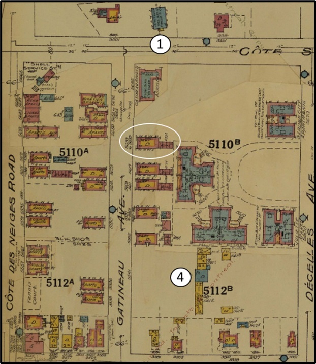 Le château Lacombe, qui avait servi de presbytère jusqu’en 1925, sera démoli vers 1930 pour permettre le développement de bâtiments à logements. Sur la carte de 1940, on observe la présence d’immeubles à logements multiples, dont celui de la famille Saint- Loup (encerclé en blanc). Des édifices à logements plus imposants seront construits au cours des 20 années suivantes pour compléter la densification de ce secteur.