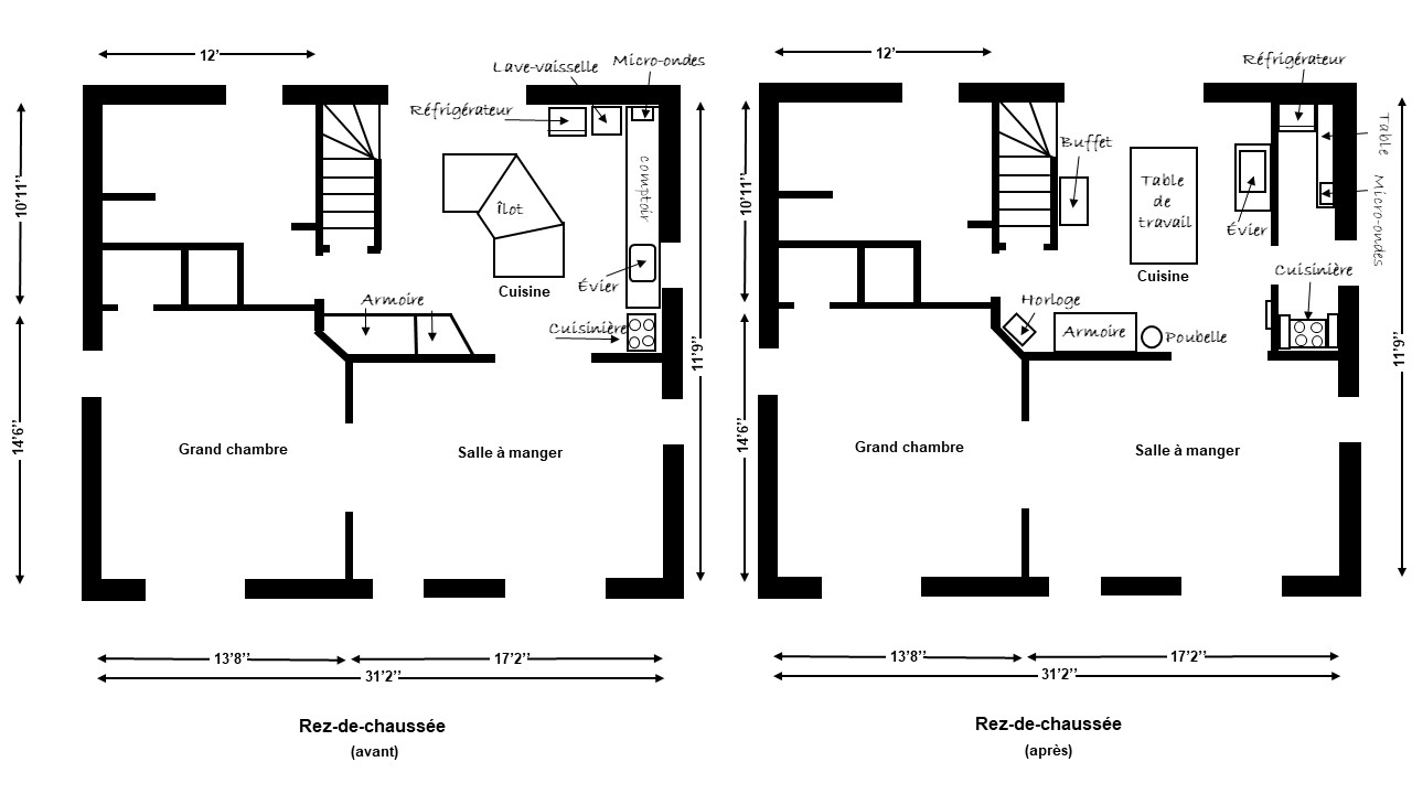 Voici un croquis montrant les changements réalisés afin de donner à la cuisine un aspect plus proche de celui d’origine