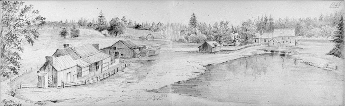 Cette esquisse de juin 1846 est la plus ancienne représentation connue du Domaine seigneurial de Mascouche où l’on voit, à l’extrême droite, le moulin et la maison du meunier. Source : Bibliothèque et Archives Canada, Jacques-Frédéric Doudiet, Rapids (juin 1846).