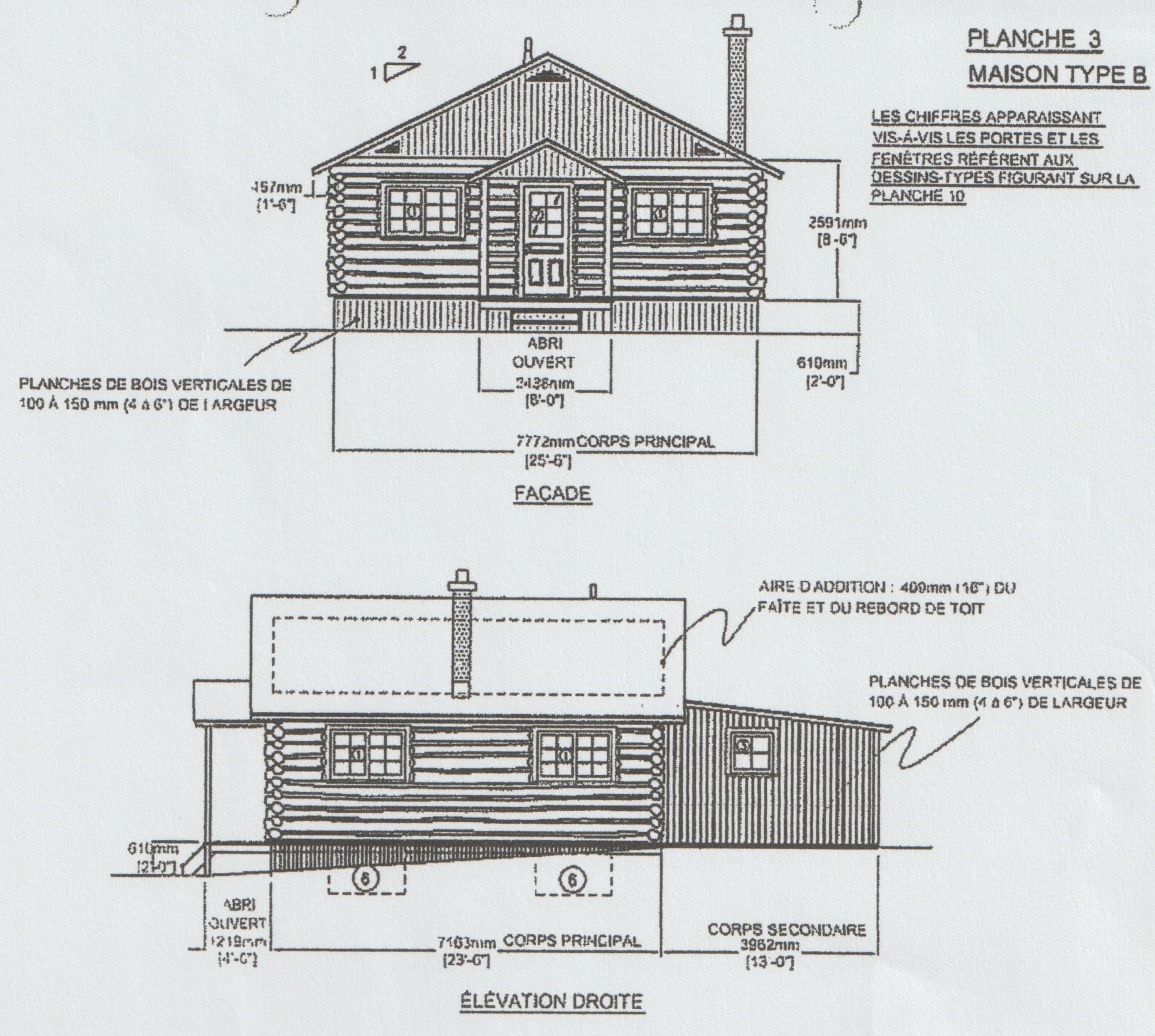 Plan montrant l’élévation droite et la façade d’une maison de type B.